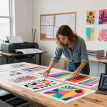 Custom poster printing scene showcasing vibrant designs and a creative workspace