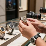 Explore stunning clone watches in an upscale boutique setting, showcasing premium super clones like Rolex and Audemars Piguet.