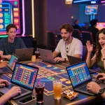 Benihtoto togel players engaging in an exciting online game, featuring vibrant casino graphics and interactive devices.