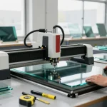 CNC glass cutting machine in action, showcasing precise glass processing techniques and craftsmanship.