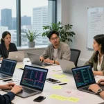 Focus on a team analyzing OKX reviews and trading strategies in a modern office.