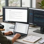 Writer utilizing AI writing tools in a modern tech workspace, dual screens showcasing creative content and analytics, inspiring atmosphere.