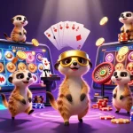 Les crypto casinos en action avec des suricates gérant un casino dynamique entouré de jeux de cartes et de pièces d'or.