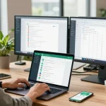 Using WhatsApp網頁版 in a modern office setup, showcasing productivity and collaboration.