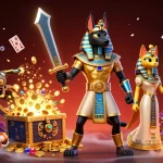Illustration dynamique du meilleur casino en ligne avec Anubis et Bastet entourés de jeux et trésors.