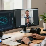 快连 user in home office optimizing network performance with screens and app interface.