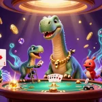 Jouez dans un casino sans vérification avec un brontosaurus géant observant une table de poker animée.