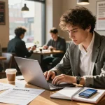 Hospitality job search scene showing a job seeker reviewing listings in a coffee shop.
