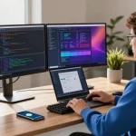 快连 software workspace with developer coding on multiple monitors in a modern office.
