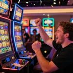 Player celebrating a big win at a colorful slot machine, showcasing the excitement of online gambling.