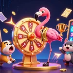 Situs slot game illustration featuring a flamingo host, bulldog contestant, and prizes, highlighting exciting gameplay.