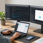 快连 network acceleration experience in a modern tech workspace with dual monitors, potted plant, and natural light.