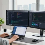 快连 application interface on a developer's desk showcasing modern software optimization in a bright workspace.