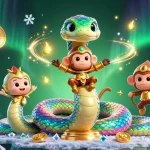 Experience the excitement of påskmiddag with vibrant casino-themed 3D illustration showcasing colorful characters and glowing elements.