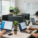 The young developer collaborating on 纸飞机中文版 features in a modern office environment with laptops, tablets, and app interfaces.