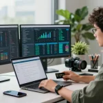 Expert user analyzing CVV data at a Fullz Store, modern workspace setup with tech elements.