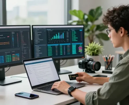Expert user analyzing CVV data at a Fullz Store, modern workspace setup with tech elements.