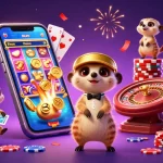 Engaging scene of slot mahjong featuring amusing meerkats in a vibrant casino environment.