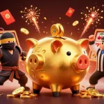 MMLIVE features a dynamic scene with a golden piggy bank wrestler, ninja, and samurai in an engaging slots environment.