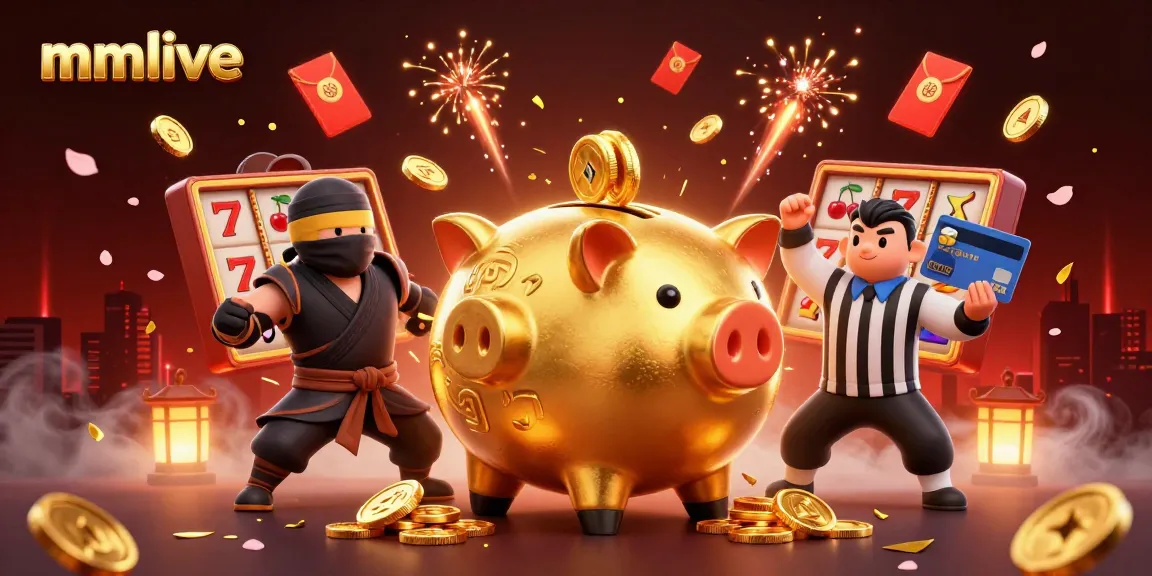 MMLIVE features a dynamic scene with a golden piggy bank wrestler, ninja, and samurai in an engaging slots environment.