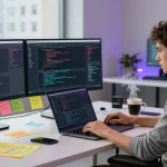 Software developer coding at telegraimin.com workspace with monitors and tools.