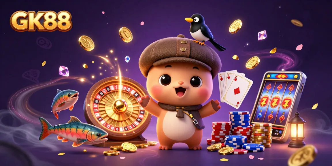 Experience GK88's dynamic world with cartoon Nessie, gold coins, and poker chips.