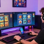 Penggemar game online diana4d bermain di desktop dengan aksesori gaming lengkap.
