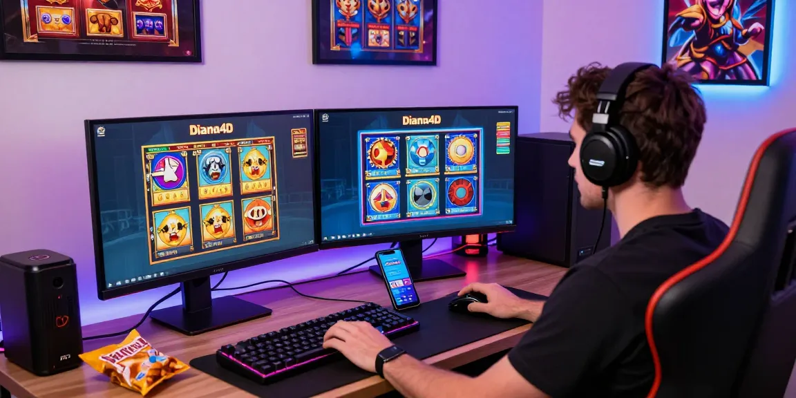 Penggemar game online diana4d bermain di desktop dengan aksesori gaming lengkap.