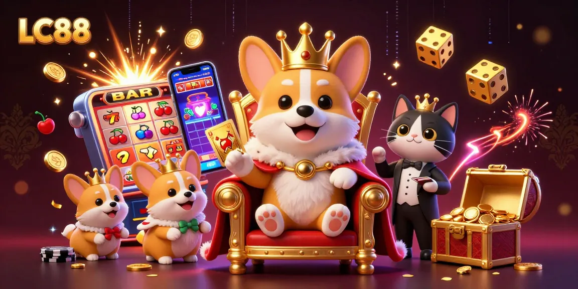 LC88 showcases a vibrant 3D corgi-themed casino scene with exciting game elements.