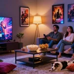 Bolly4uorg.in movie night scene with friends enjoying films in a cozy living room setting