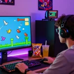 Tappy Bird game displayed on a vibrant gaming setup with a player focused on the screen in an energetic gaming atmosphere.