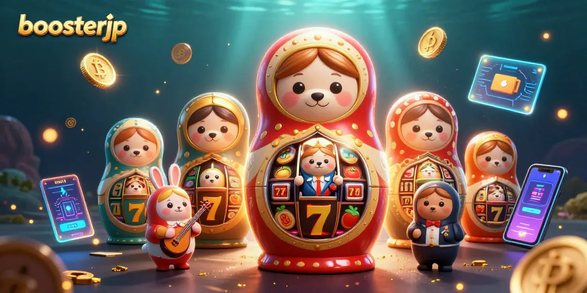 Slot jackpot meriah di boosterjp dengan beruang Matryoshka dan elemen kasino menarik.