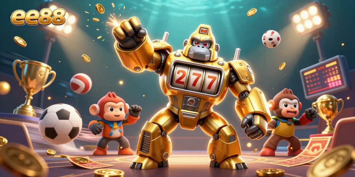 Engage in thrilling gaming with ee88 as the golden gorilla mech battles for coins amidst dynamic sports elements.