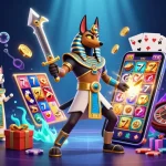 Engage with slot gacor hari ini through an exciting 3D illustration of Anubis and Bastet surrounded by vibrant slot game elements.