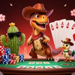 Experience thrilling casino action with dh88 as a T-Rex cowboy and friends at the poker table.