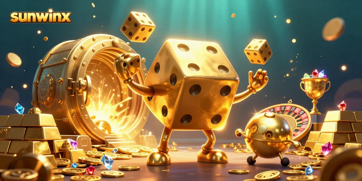 Experience sunwinx excitement with a golden dice golem amidst piles of treasure, inviting your next winning bet.