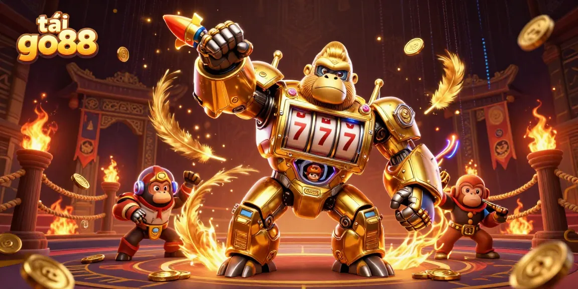 Tải go88 to experience an exciting 3D casino adventure with slot machines, golden colors, and energetic visuals.