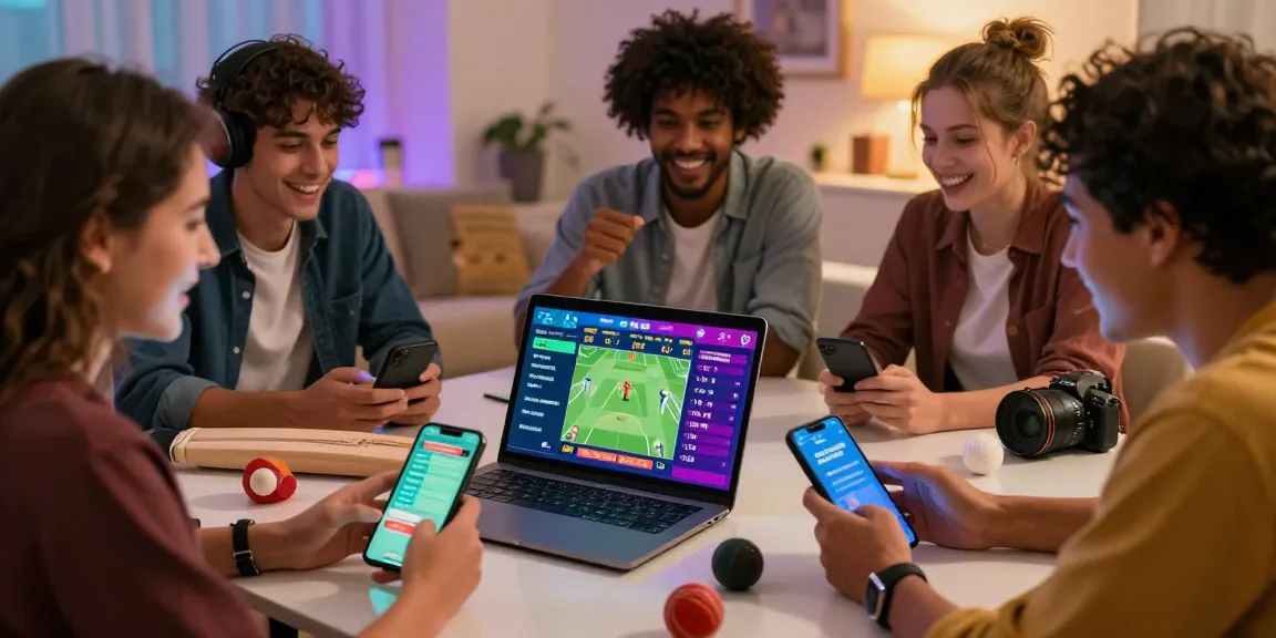 Fairplay24 group enjoying online cricket betting with vibrant interface and joyful atmosphere.