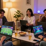 wbc247을 통해 온라인 베팅을 즐기는 친구들, 스포츠 이벤트와 카지노 게임 화면, 즐거운 분위기