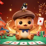 Experience situs judi bola in a vibrant world with playful cartoon characters and poker elements.