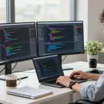 Developer working in a modern office with dual monitors, showcasing snipaste官网 functionality for efficient screen capture.