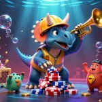 Engage with the vibrant world of lolajack, where a cheerful triceratops builds poker chip pyramids amidst dynamic casino treasures.