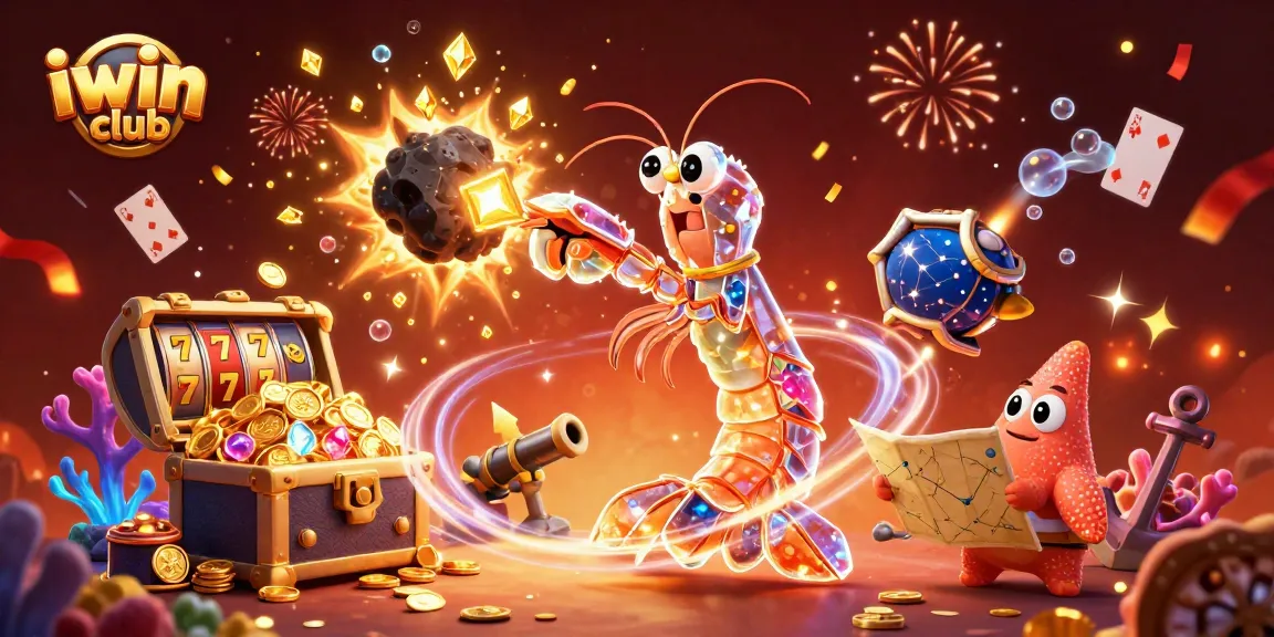 The iwin club showcases exciting gameplay with a galactic samurai mantis shrimp, bursting gems in a casino adventure.