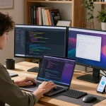 Focused developer using 纸飞机中文版 in a modern home office, showcasing coding and tech tools.
