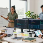 Collaborative software development team engaging with technology at their workspace on telegramin-cn.com