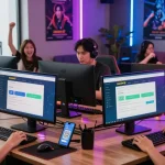 Engaged users interacting with the Newbet4D platform in a vibrant gaming lounge, showcasing online betting excitement.