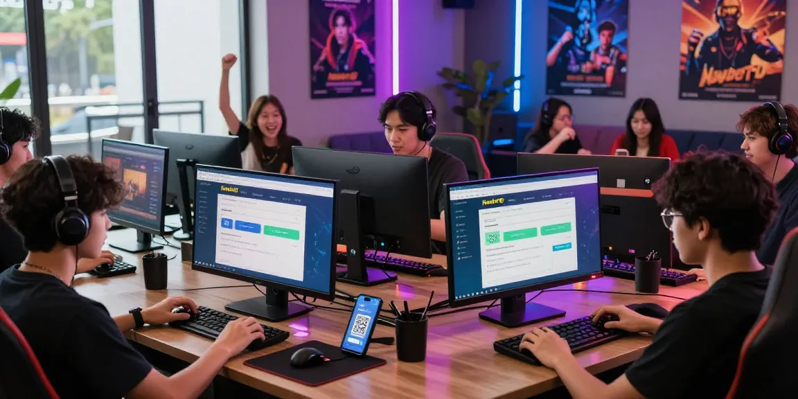 Engaged users interacting with the Newbet4D platform in a vibrant gaming lounge, showcasing online betting excitement.