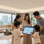 Dover Residences Showflat showcasing a modern family interacting in a luxurious living space with city skyline views.