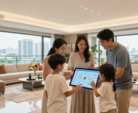 Dover Residences Showflat showcasing a modern family interacting in a luxurious living space with city skyline views.