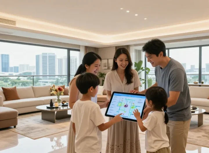 Dover Residences Showflat showcasing a modern family interacting in a luxurious living space with city skyline views.
